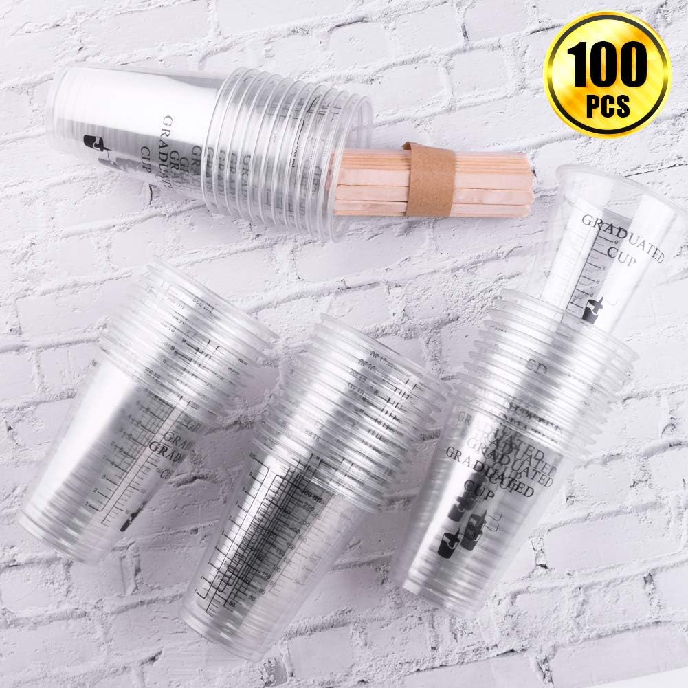 WXJ13 50 Pack 10 OZ Clear Disposable Plastic Graduated Cups Epoxy Resin Mixing Cups with 50 Pack Wood Mixing Sticks