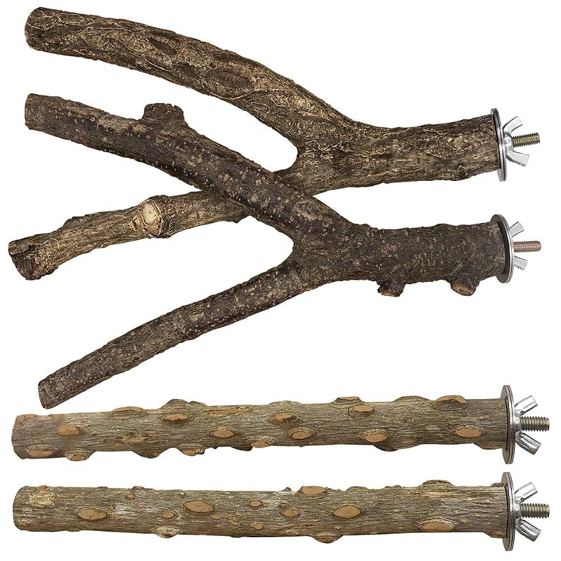 Poleiro para Aves em Madeira Natural LIMIO com Galhos e Plataformas para Calopsitas e Periquitos, Pacote com 4