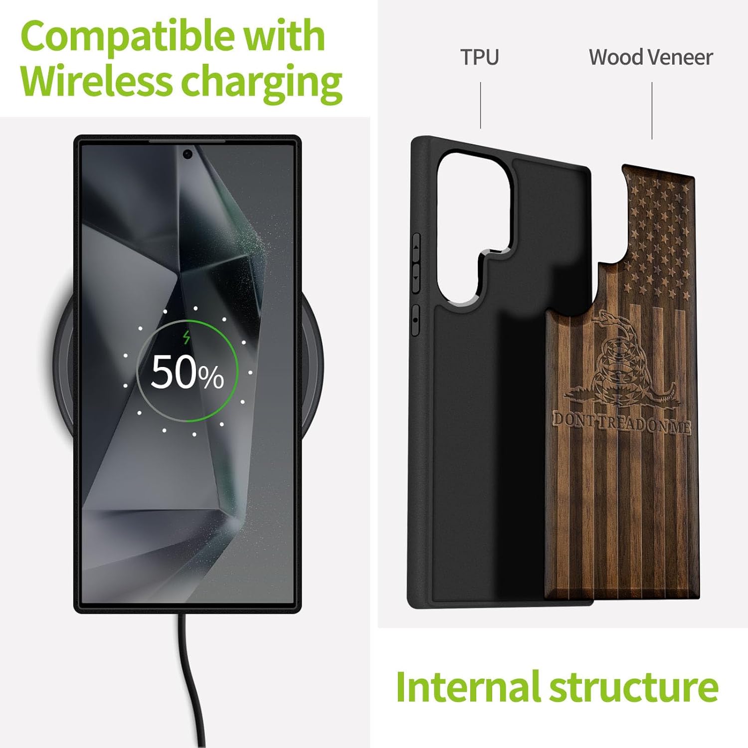 Carveit Wood Case for Galaxy S25 Ultra Case 2025 [Natural Wood & Black Soft TPU] Shockproof Protective Cover Unique Wooden Design Compatible with Samsung S25 Ultra (Gadsden and American Flag-Walnut)