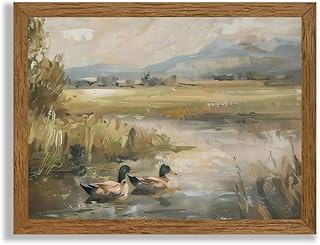Wojuin Serene Pond Wall Art with Ducks and Mountain Landscape, Nature In...