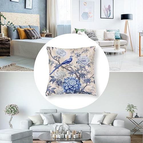 Miniatura 5 de Chinoiserie - Fundas de cojín de satén con estampado floral azul y blanco, flores de primavera y pájaros, fundas de almohada decorativas clásicas