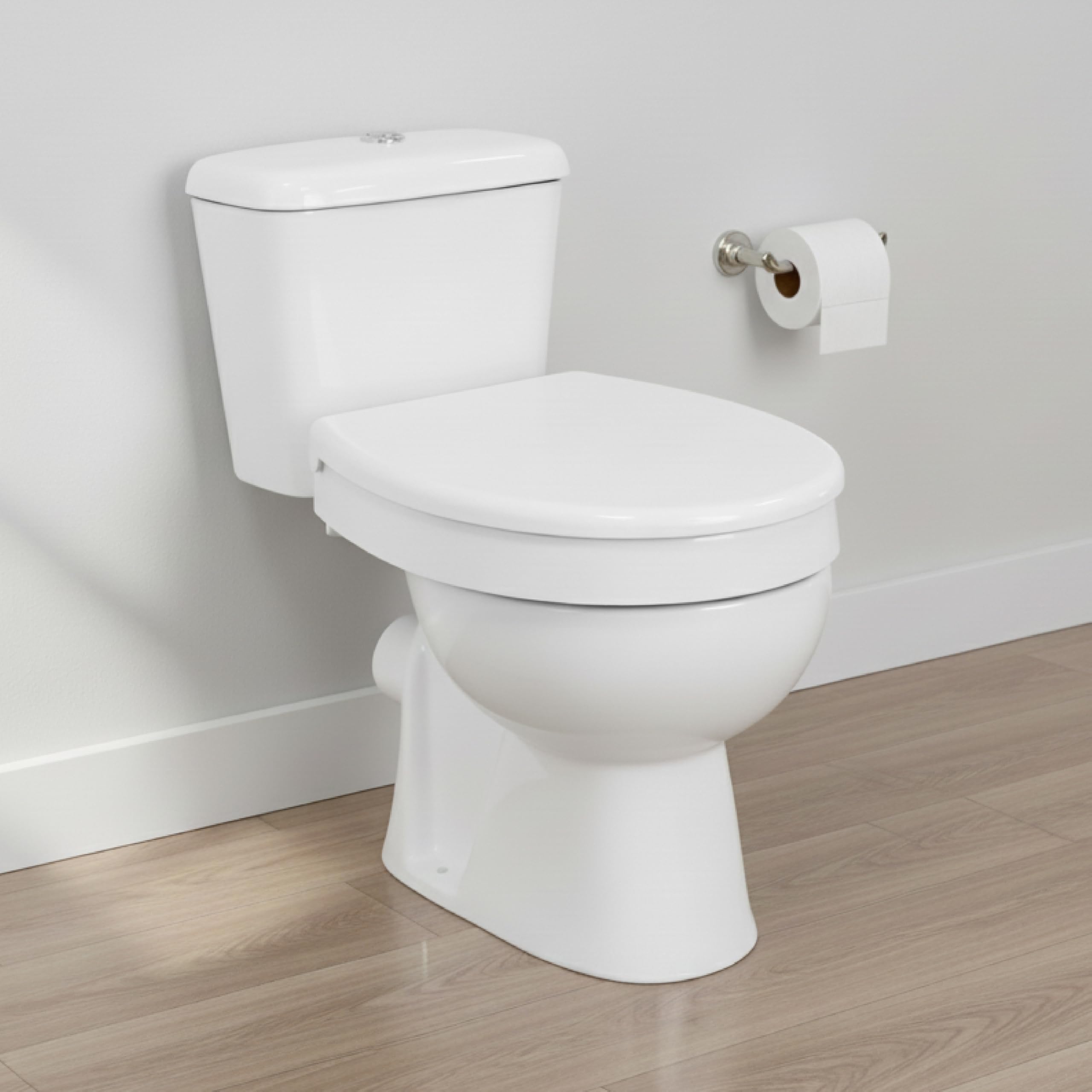 KMINA Rialzo WC per Anziani (Altezza 7,5 cm) con Copriwater a Chiusura Ammortizzata, Compatibile con WC Ovali Standard, Materiale Duroplast, Fissaggio Posteriore, Bianco