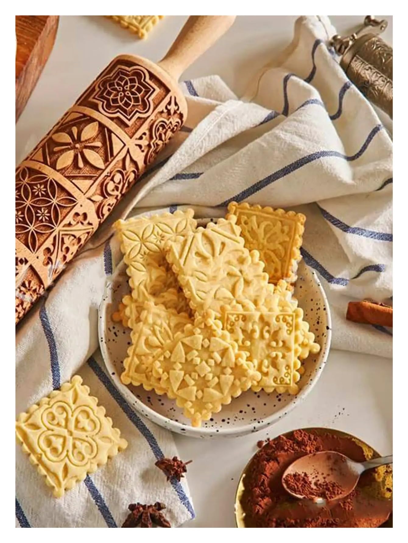 Rodillo de amasar de madera con patrón exquisito, herramientas for hornear con relieve, molde for galletas con cuadrícula cuadrada grabada, rodillos de amasar grabados Rodillo para Masa Madera
