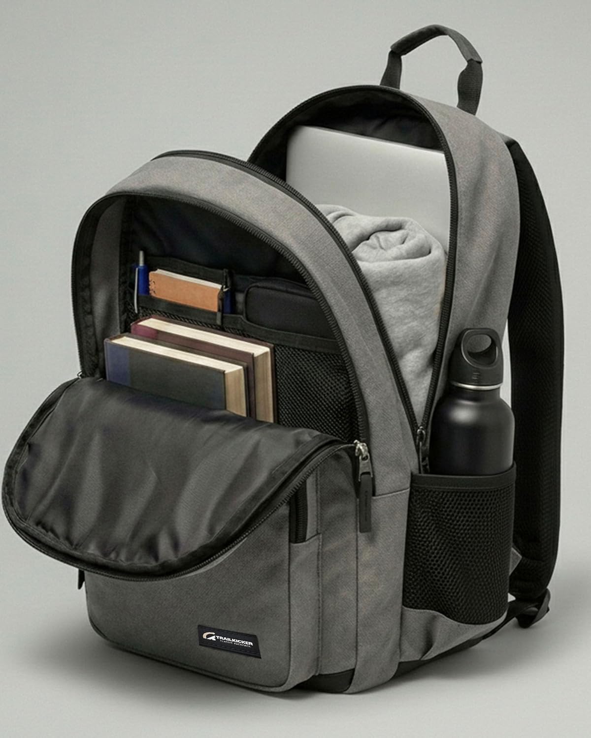 TRAILKICKER Classic Carry-on Travel Backpack, Laptop Backpack with Padded 17 inch Laptop Sleeve, Multi Pocket College Backpack, Casual Daypack Backpacks - Grey - Image 4