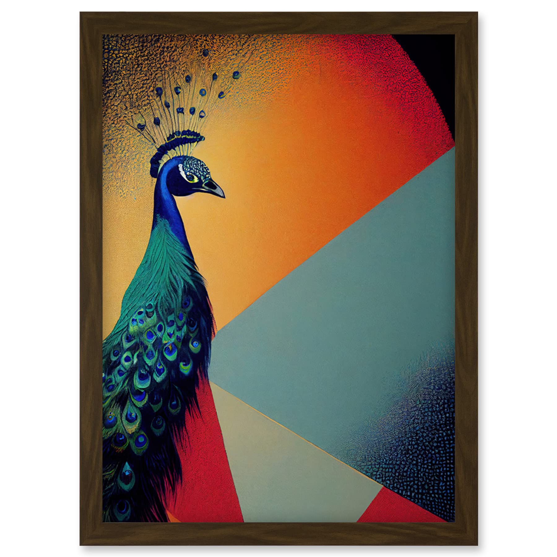 Modern Peacock Portrait A4 Framed Wall Art Print - Colourful Abstract Vibrant Orange Artwork - Artery8