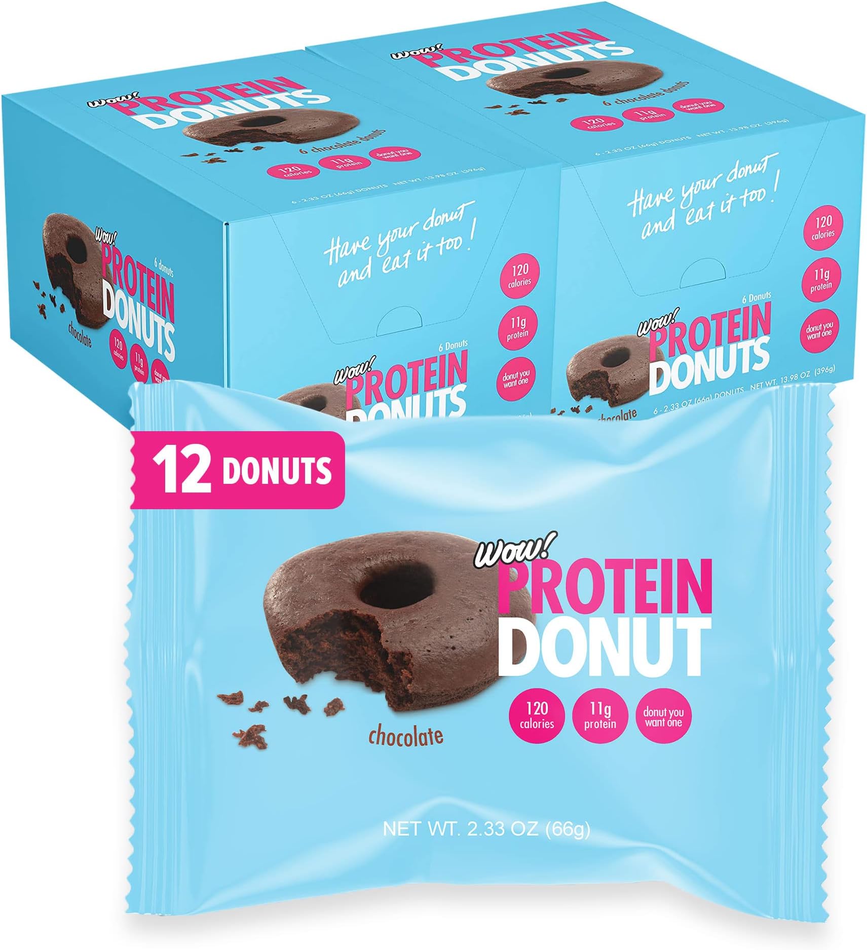 Wow! Protein Donuts, High Protein Snacks, Low Carb, Low Calorie, & Low Sugar, Healthy Snack with 11g of Protein (Chocolate, Pack of 12) (Chocolate, 12 Pack)