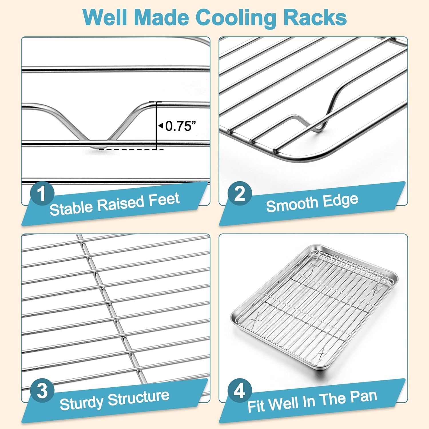 TeamFar Baking Sheet with Rack Set (3 Pans + 3 Racks), 17.6/16/12.5 Inch Stainless Steel Cookie Sheets Baking Pans Trays and Cooling Racks for Cooking Roasting, Non-Toxic & Heavy Duty, Dishwasher Safe