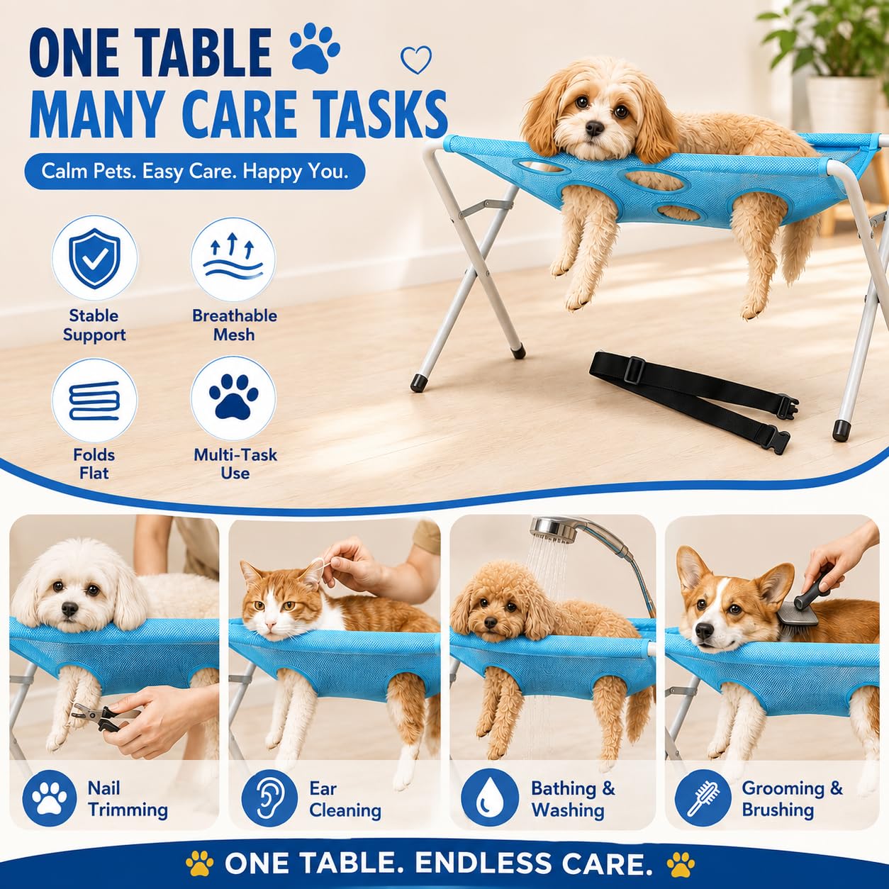 Amaca per Toelettatura Cani con Supporto, 8 Fori, Rimovibile (Grigio)