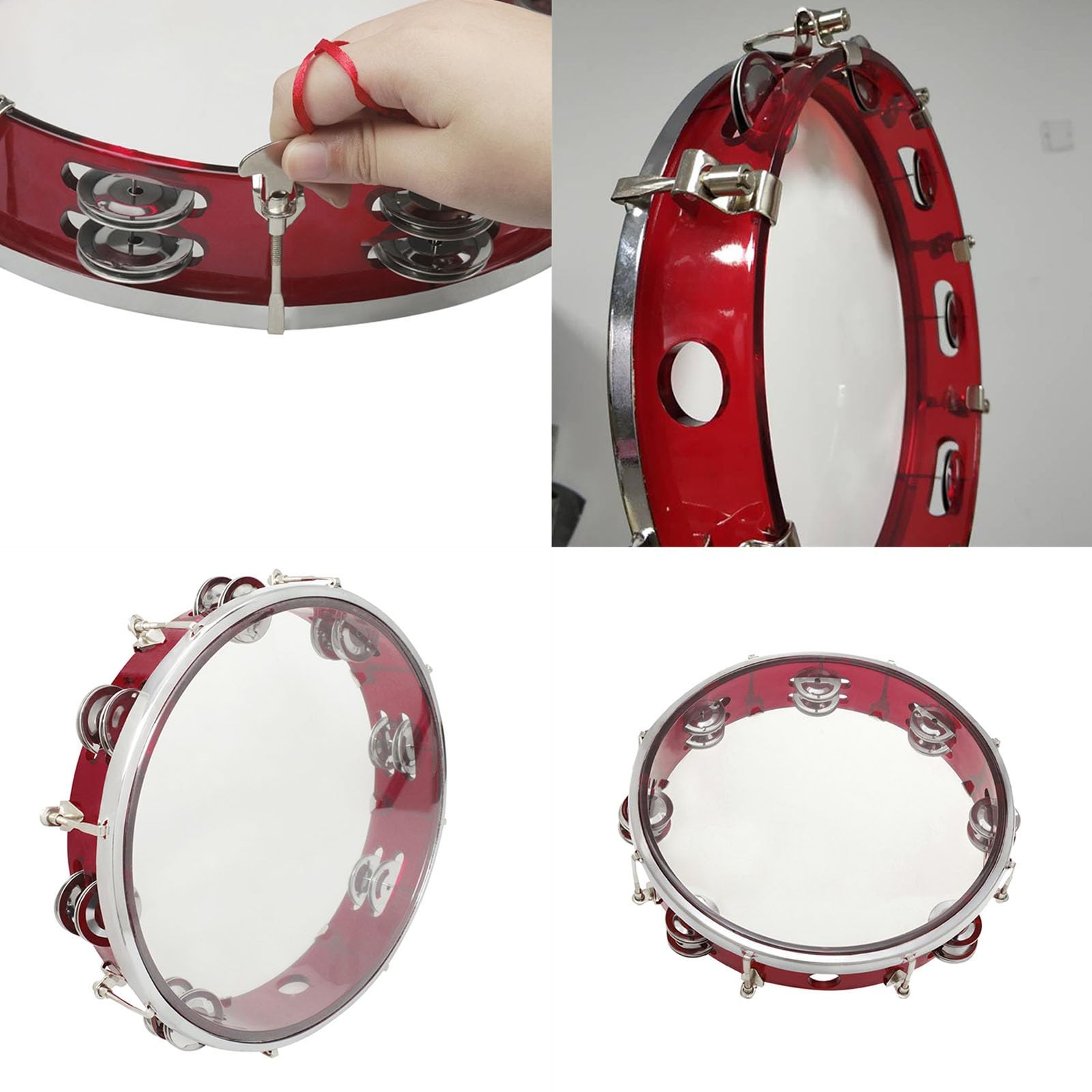 Tamburyn Dla Dorosłych Podwójny Rząd Metal Dzwonki Dzwonek Ręczny Klaśnij W Bęben Perkusja Instrument Do Kościół Musical Edukacyjny(Red)