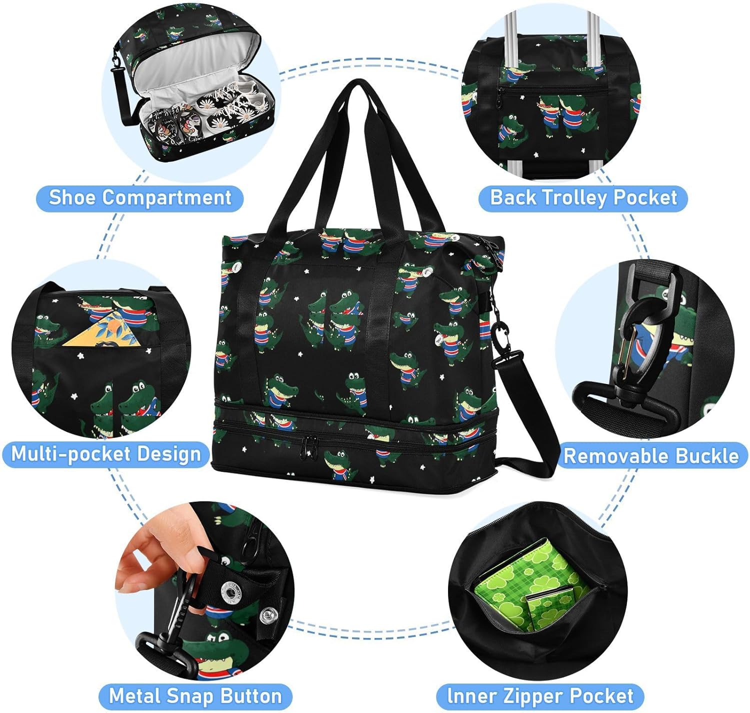 Funny Anime Crocodiles Rugby Black Large Capacity Gym Bag Sports Gym Tote Bag with Adjustable Strap for Hiking