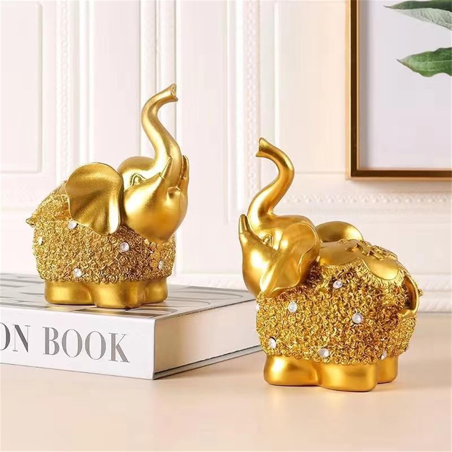 Elephant Statue, Gold Lucky Elephant Figurines for Living Room & Table - Gift Perfect for Home Decor (2 Elephant)