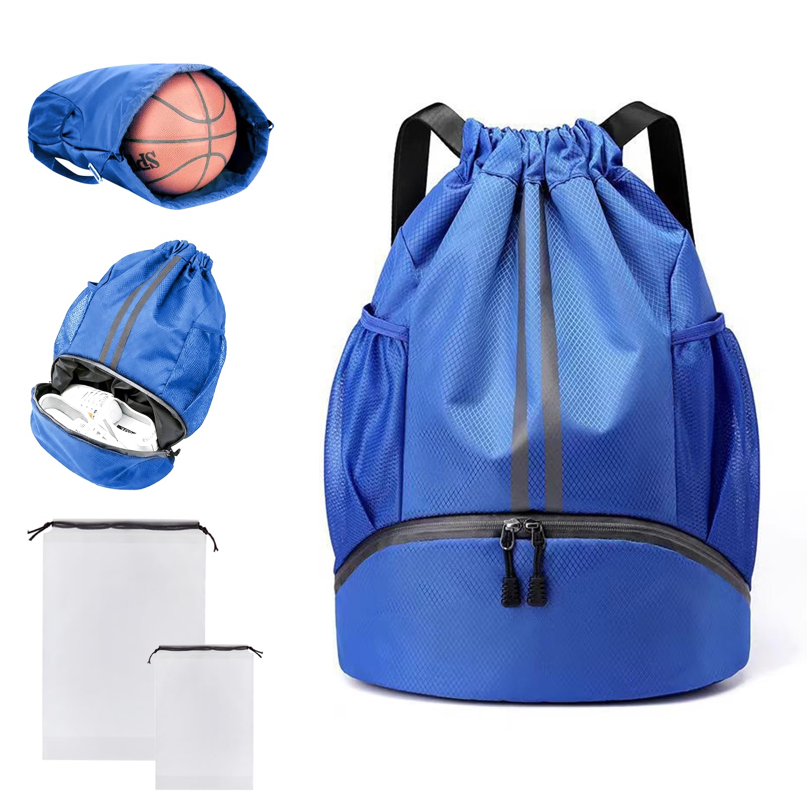 PE Bags Drawstring, Football Boot Bag Sports Gym Black Backpack with Shoe Compartment 18.5*12.6*6.3in Waterproof Nylon Kit Sack Wet Dry Separation for Kids Adults Men Women Swimming Training Blue