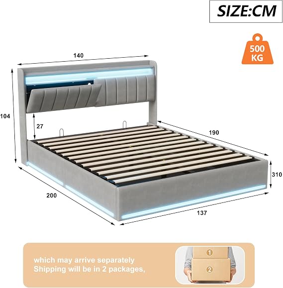 Double Bed Frame with Storage, 4ft6 Ottoman Bed 135x190cm with Hydraulic Lift, Velvet Upholstered Bed with LED Headboard, USB & Type-C Charging, Storage Headboard, Grey, No Mattress