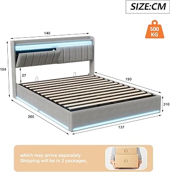 Double Bed Frame with Storage, 4ft6 Ottoman Bed 135x190cm with Hydraulic Lift, Velvet Upholstered Bed with LED Headboard, USB & Type-C Charging, Storage Headboard, Grey, No Mattress