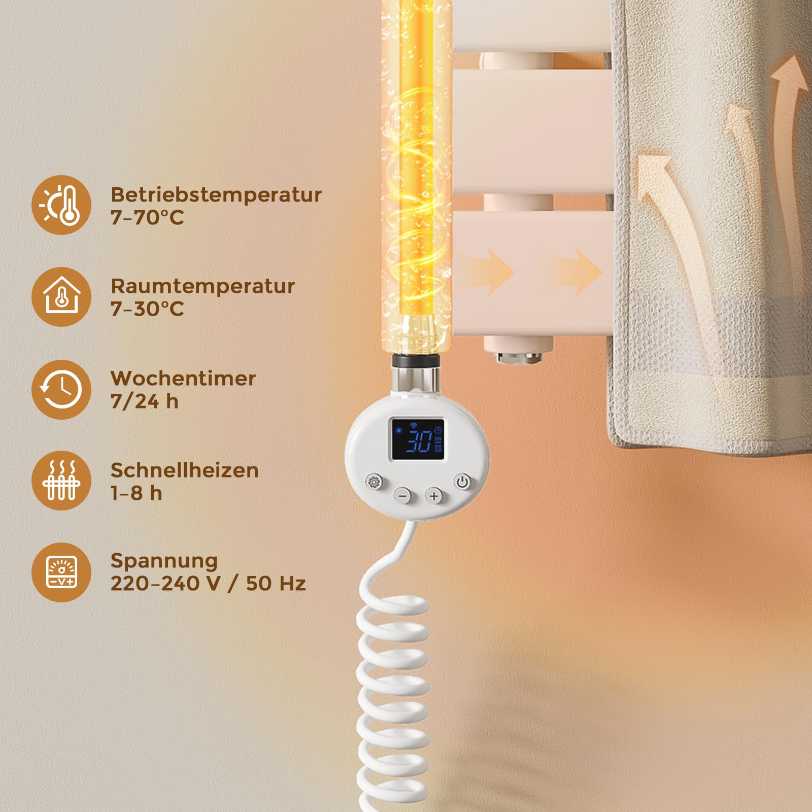 Heizstab für Badheizkörper 900W,heizstab badheizkörper mit Thermostat, WiFi-fähig, programmierbare Temperaturregelung, Edelstahl-Heizstab, geeignet für Handtuchheizkörper und Heizkörper, Weiß