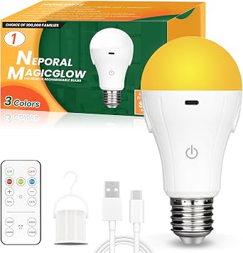 Neporal MagicGlow Rechargeable Light Bulbs with Remote Battery Operated, No Outlet Needed, USB Powered, Dimmable, Ideal for Bedroom, Nursery, Sleep Lighting, 1 Pack