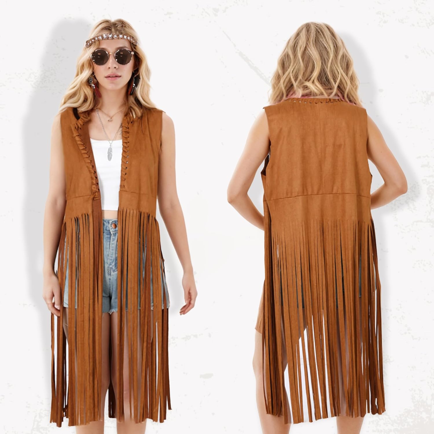 60s 70s Outfits for Women Disco Hippie Costume Clothes Cowgirl 70s Halloween Tops Women Fringe Vest Accessories - Image 3