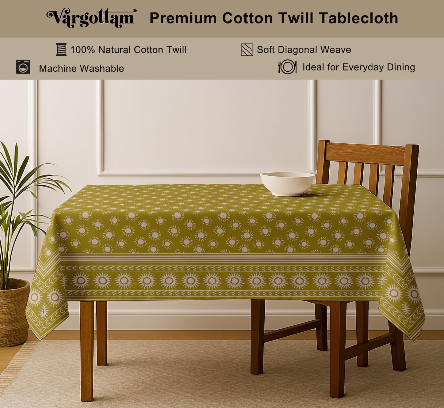 Block Design Tablecloth- Green 60x60 Inch Cotton Twill Dining Table Cover, Perfect for 4 Seater Tables, Durable, Protective & Washable, Ideal for Everyday Use, Festive Occasions & Gatherings