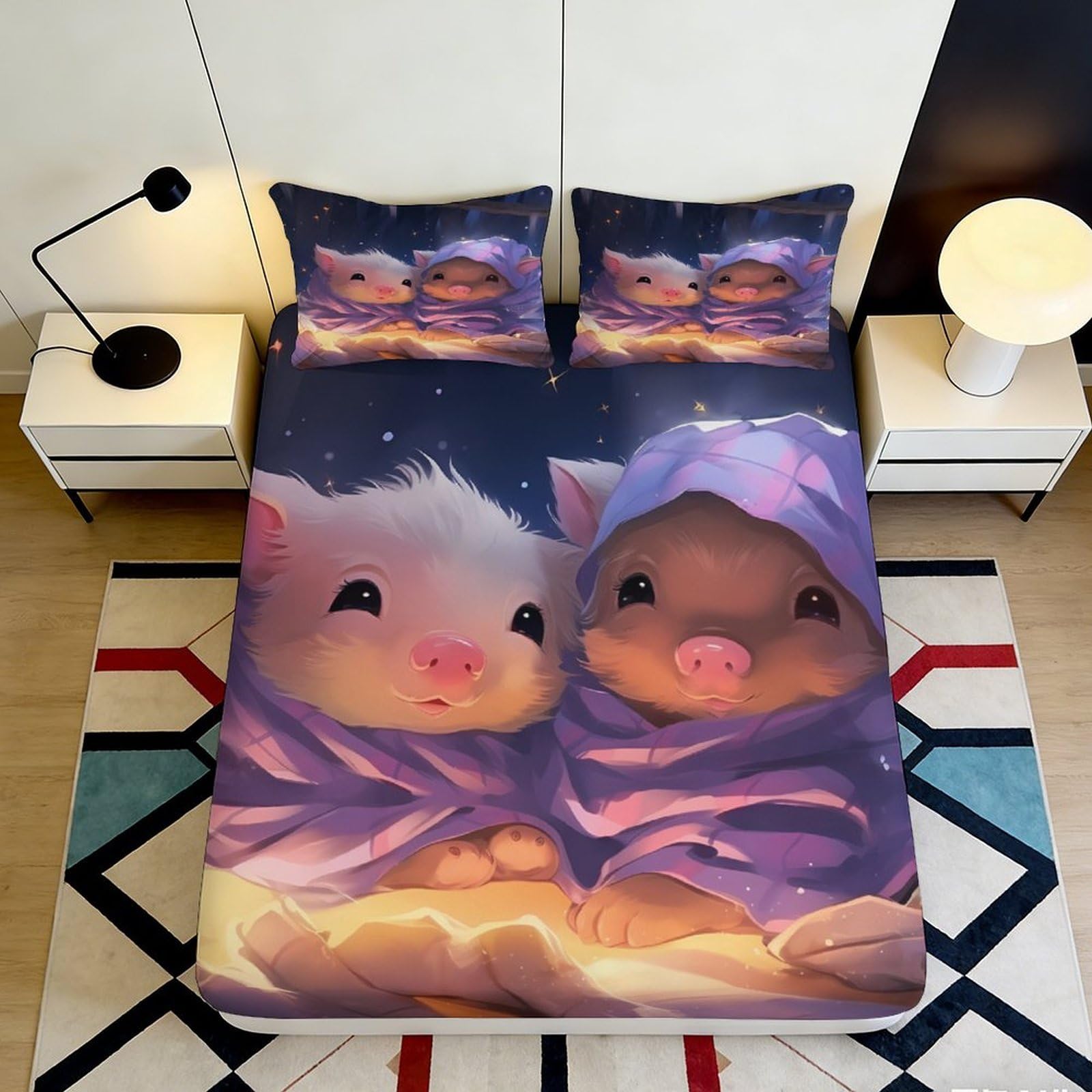 3D Printed Cute Piggy Fitted Sheet Microfiber Soft Cartoon Animal Bed Cover for Bedroom Dorm Mattress Protection Decor 90x200x25cm