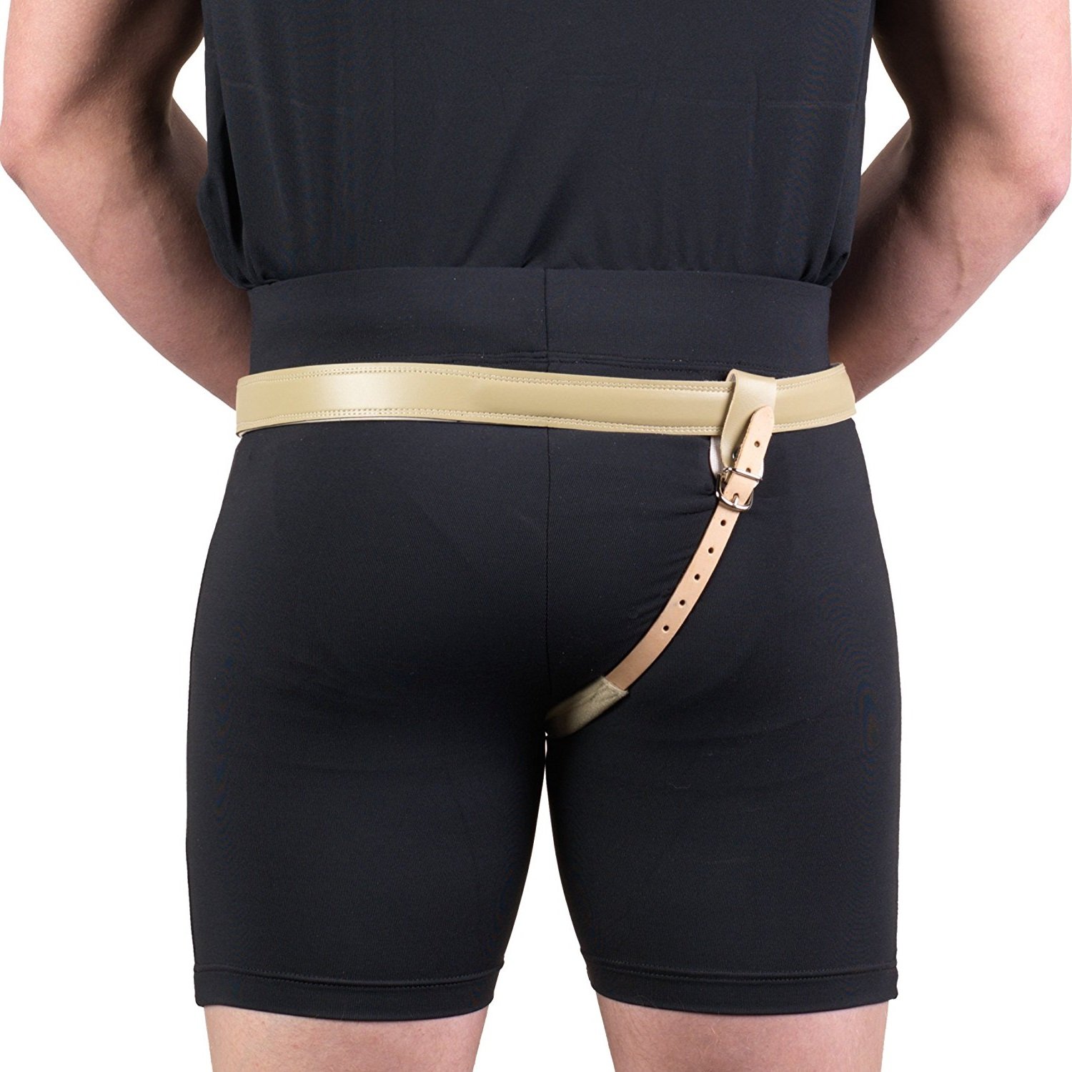 Hernia Truss, Single Spring, Scrotal Pad Compression, Leather, 42 inch Hip (Right)