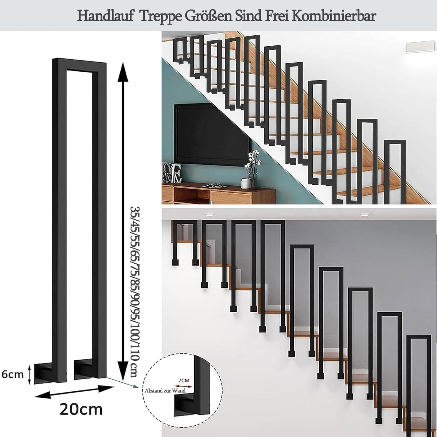 U Shaped Handrails for Indoor Stairs, Stair Handrail, Metal Railing for Stairs, Staircase Handrails, Black Hand Rail, Outdoor Stair Railing Stair Rail for Steps Porch Corridor (Side, 100cm/3.3ft)