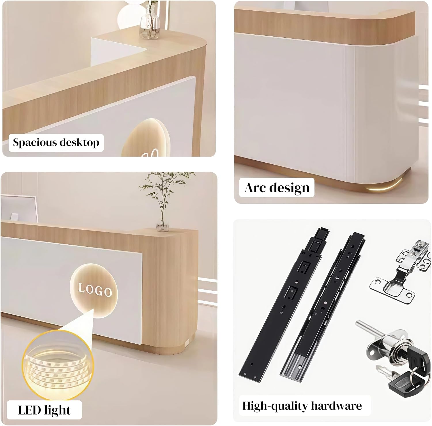 Wood Grain Fashion Checkout Counter, Commercial Reception Desk with Keyboard Holder Hidden LED Lighting Customizable Logo for Office Salon Dental Clinics, Fitness Centers