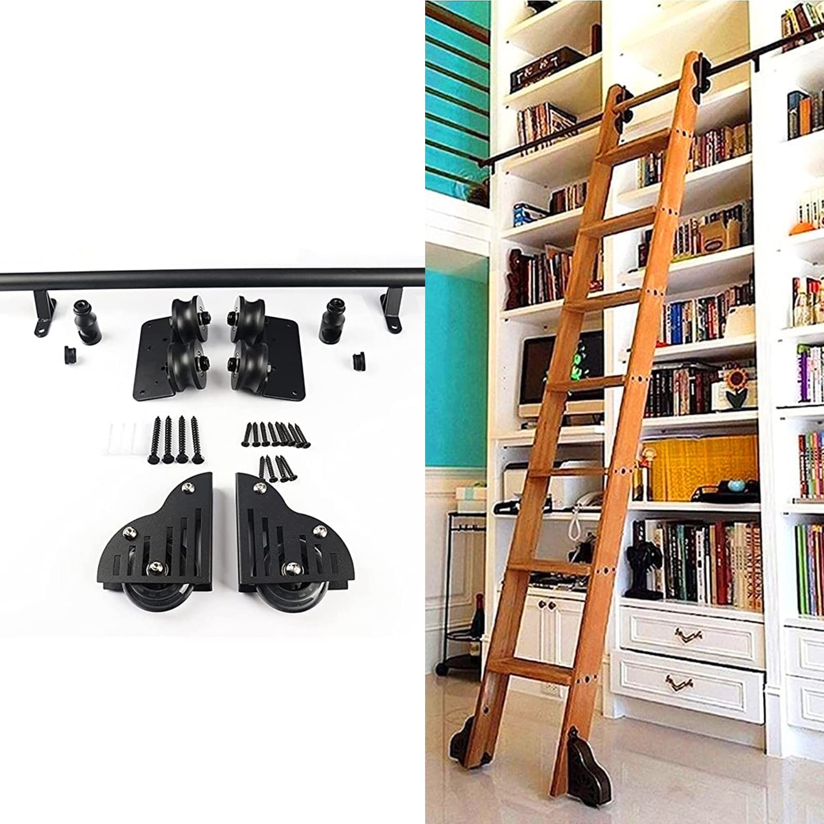 GHFXSCV 3.3ft-20ft Sliding Barn Door Hardware Kit, Rolling Ladder Hardware Library Sliding Ladder Hardware Kit, Round Tube Mobile Ladder Track, With Floor Roller Wheels (Size : 16ft/500cm Track kit)