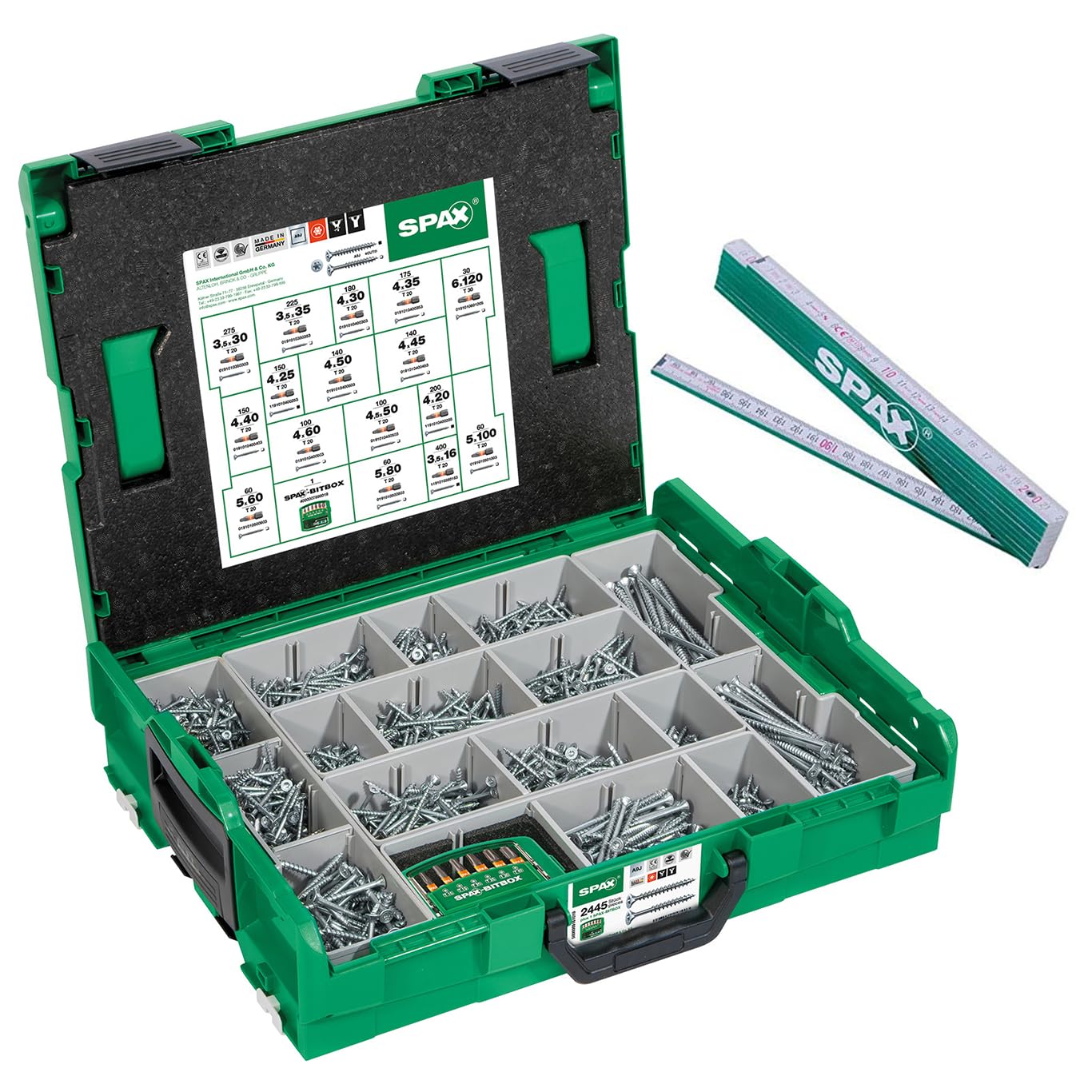 SPAX Montagekoffer, L-BOXX, groß, WIROX A9J, T-STAR plus, Senkkopf, 16 Abmessungen, 2446 Stück, inkl. BITcheck und Zollstock, 5000009161019