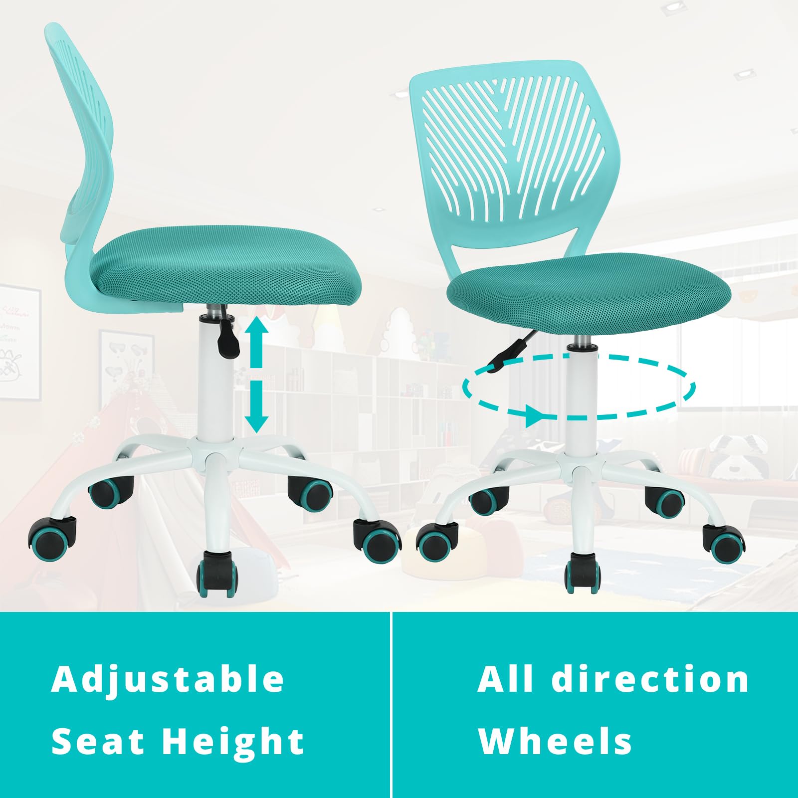 FurnitureR Moderne sans Bras pour Enfants-Chaise de Bureau réglable et pivotante pour écrire à la Maison-Turquoise, Plastique Métal, 38,5CM x40CM x75-87CM