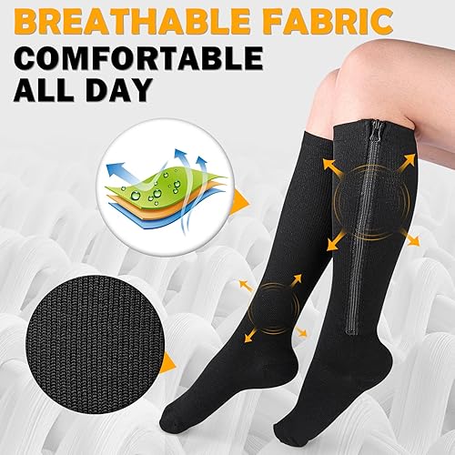 Miniatura 4 de CASMON 2 pares de calcetines de compresión con cremallera para mujeres y hombres, 15-20 mmHg, calcetines de apoyo alto hasta la rodilla para edema