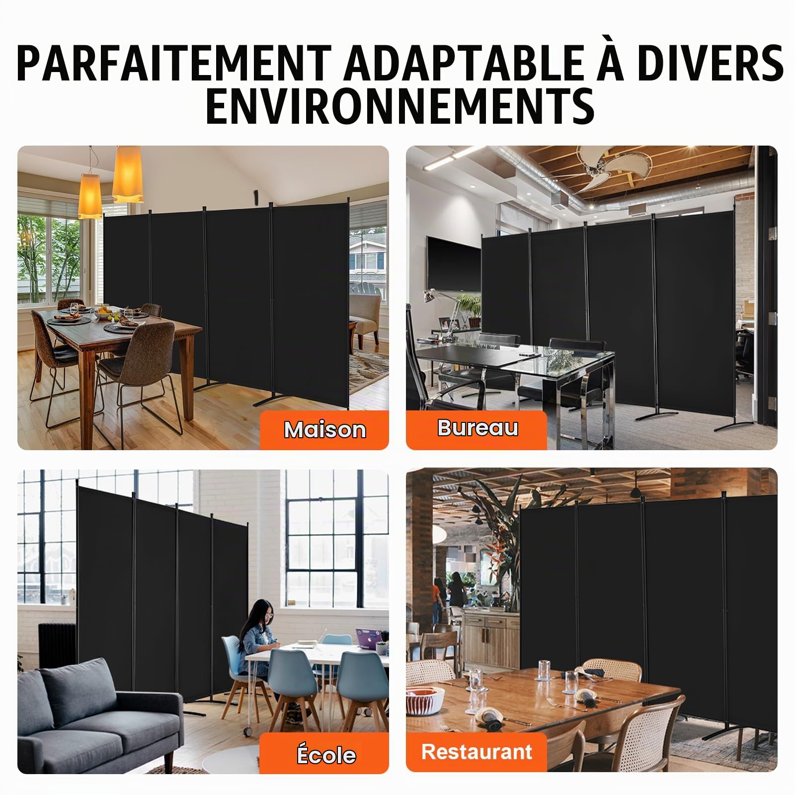 VEVOR Paravent Multifonctionnel à 4 Panneaux, Cloison de Séparation Autoportant 346,4 x 184 cm, Séparateur de Pièces Intérieur Pliable, Brise-Vue pour Confidentialité, Bureau, Chambre, Salon, Noir