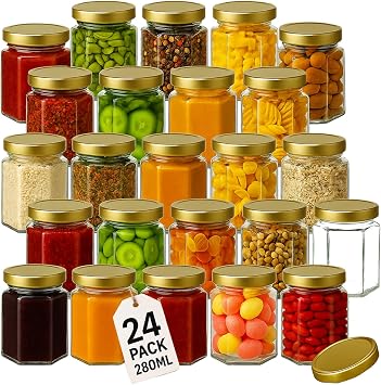 Offer Shop Glass Jars with Lids & Labels - 24 Hexagonal 9oz 280ml Storage Jars of Quality Made | Ideal for Spice Jam Honey Yogurt Sweets or Candle Making | 24 Pack
