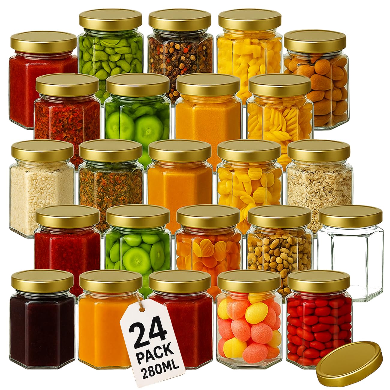 Glass Jars with Lids & Labels - 24 Hexagonal 9oz / 280ml Storage Jars of Quality Made | Ideal for Spice Jam Honey Yogurt Sweets or Candle Making | 24 Pack