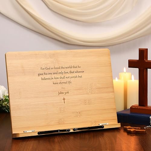 Miniatura 6 de Geelin Soporte grande para la Biblia para exhibir en casa, 15 x 11 pulgadas, soporte ajustable de bambú para la Biblia, bandeja y clip de página,