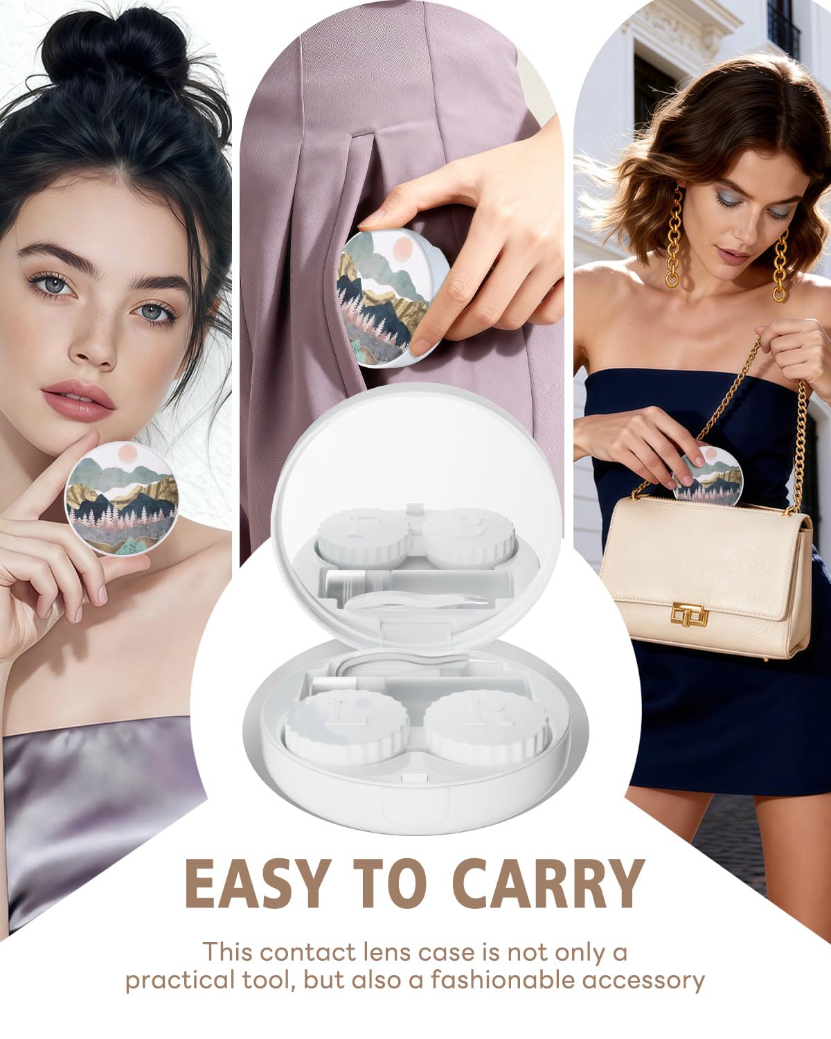 LRITER Estuche para lentes de contacto, estuches portátiles para lentes de contacto a prueba de fugas con espejo, adecuado para maquillaje diario, oficina, viajes al aire libre. (Escenería)