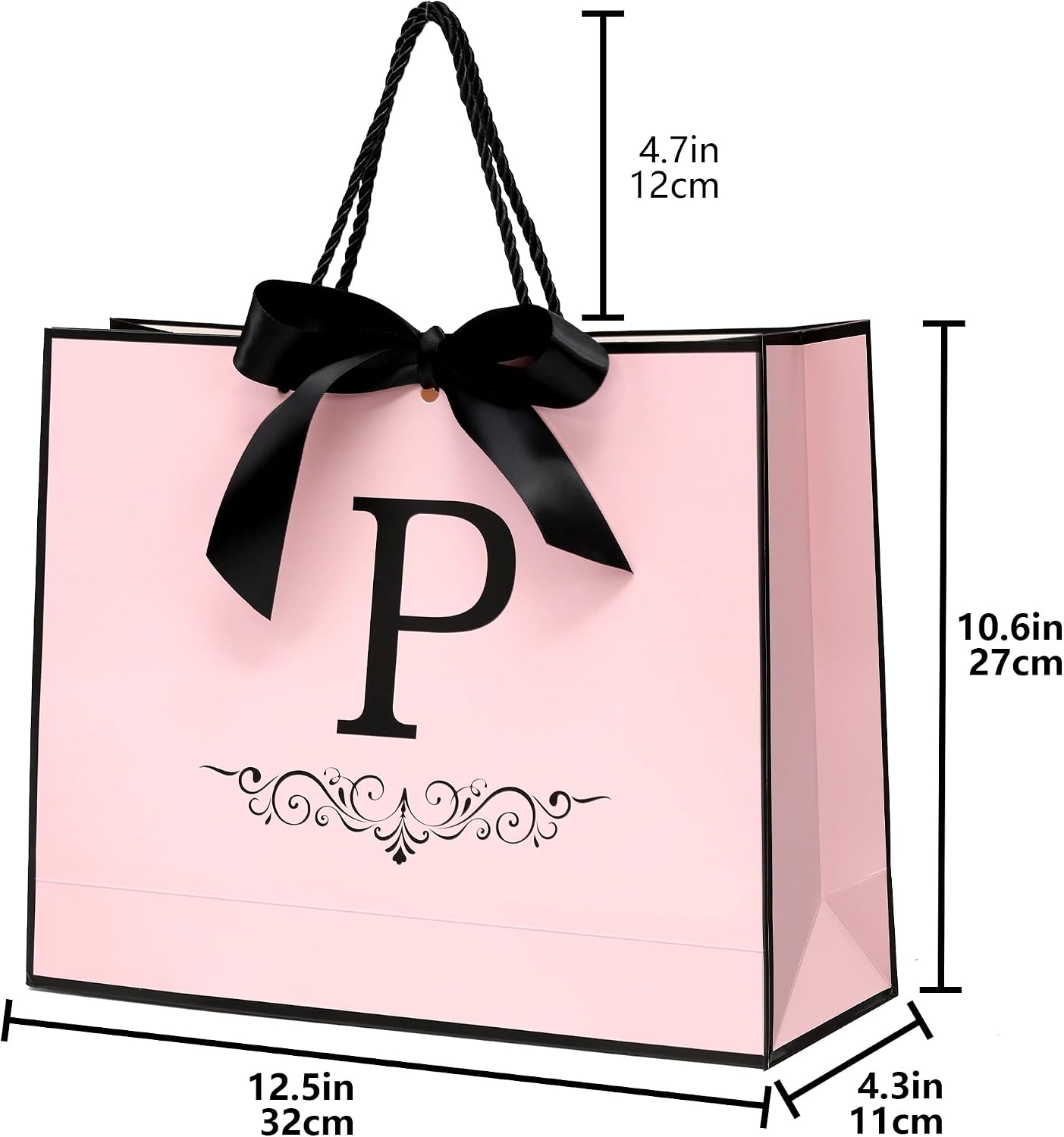 KeerxunBag- A pink personalized paper gift bag set with the letter P, featuring bows, thin paper and greeting card envelopes, suitable for girls' birthdays, weddings and other occasions. image 3