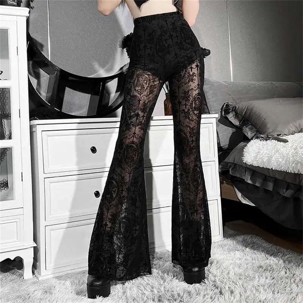 Women Lace Mesh Sexy Bell Bottom Pants Transparent Dance Costume for Party Performance
