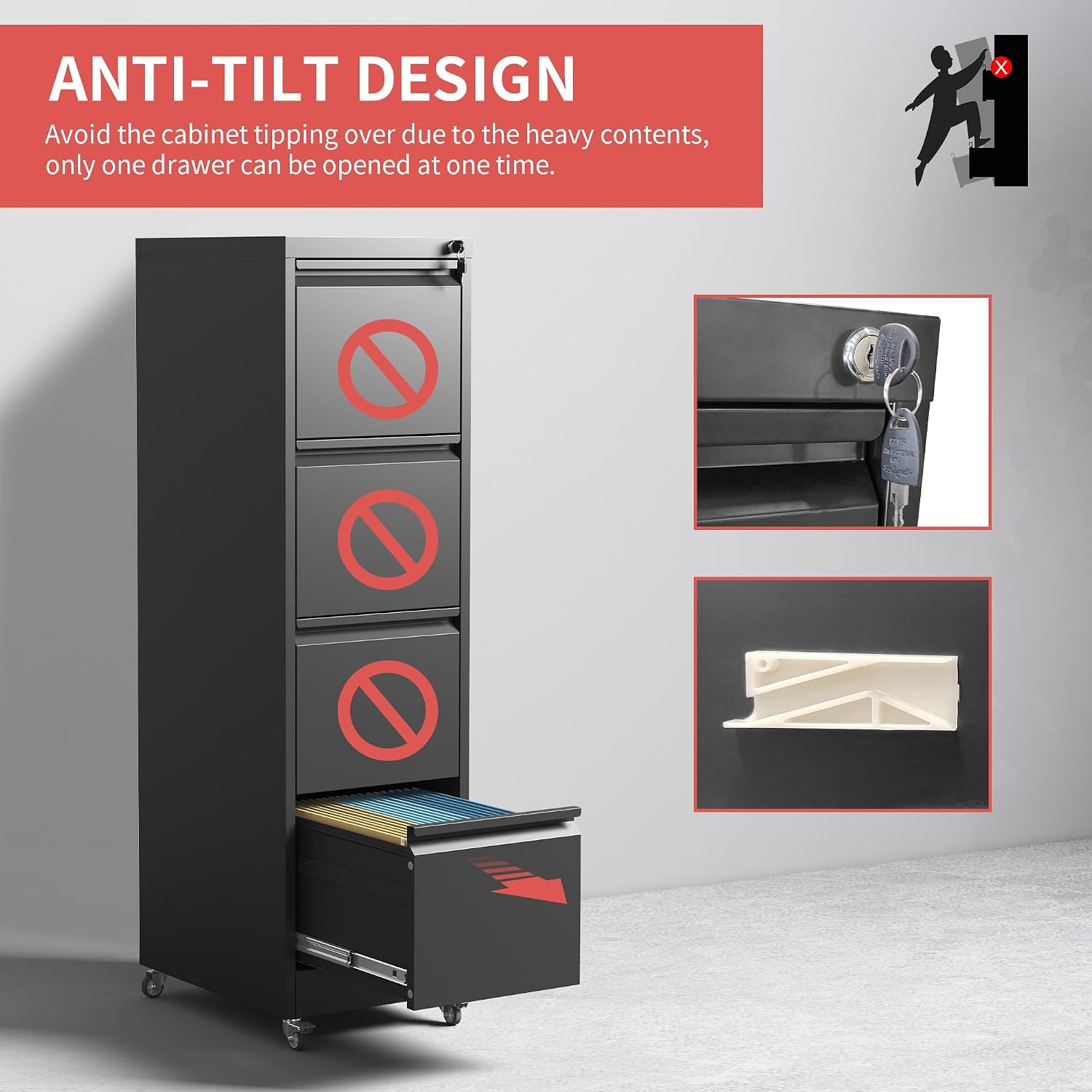 IKIMI 4 Drawer Mobile File Cabinet with Lock,Black Metal Locking Filing Cabinets,Vertical File Cabinet for Home Office,Rolling Storage Cabinet for A4/Letter/Legal Size File,Assembly Required