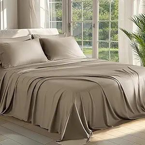Shilucheng 100% Viscose Derived from Bamboo_ Sheets Queen Size 6pcs - Ultra Cooling & Silky Soft Bed Sheets, 16" Deep Pocket, Perfect for Hot Sleepers, Hotel Bedding Sheets (Simply Taupe)