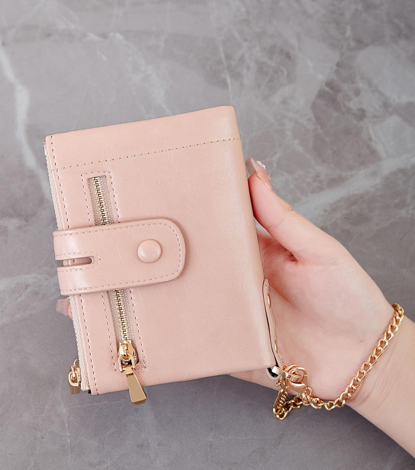 AOXONEL Wallets for Women Small Rfid Bifold Leather Ladies Wallet,Travel Billfolds Medium Size Card Holder with Removable Wristlet Chain,Multi-Card Slots,ID Window,Double Zipper Coin Pocket (Pink) - Image 3