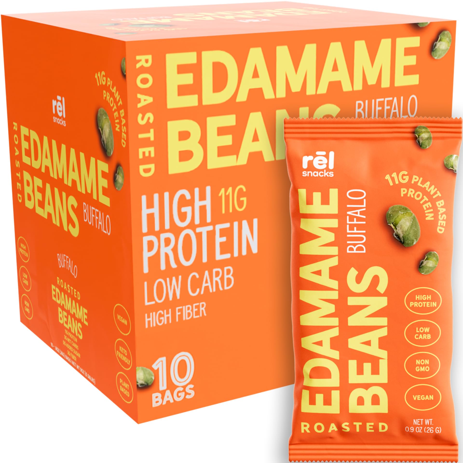 Rēl Snacks Buffalo Roasted Edamame – High Protein Low Carb Snack (11g Protein per Serving) – Keto-Friendly, Vegan, Non-GMO – 10-Pack 0.9oz Bags