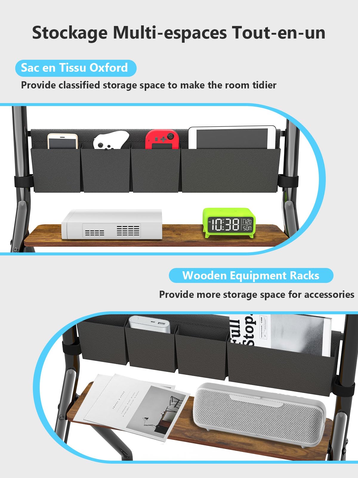 Support mural roulant pour TV avec sacs de rangement, design anti-collision esthétique, chariot TV mobile pour écrans LCD/LED/OLED plats/courbés de 32 à 75 pouces, supporte jusqu'à 45 kg, hauteur