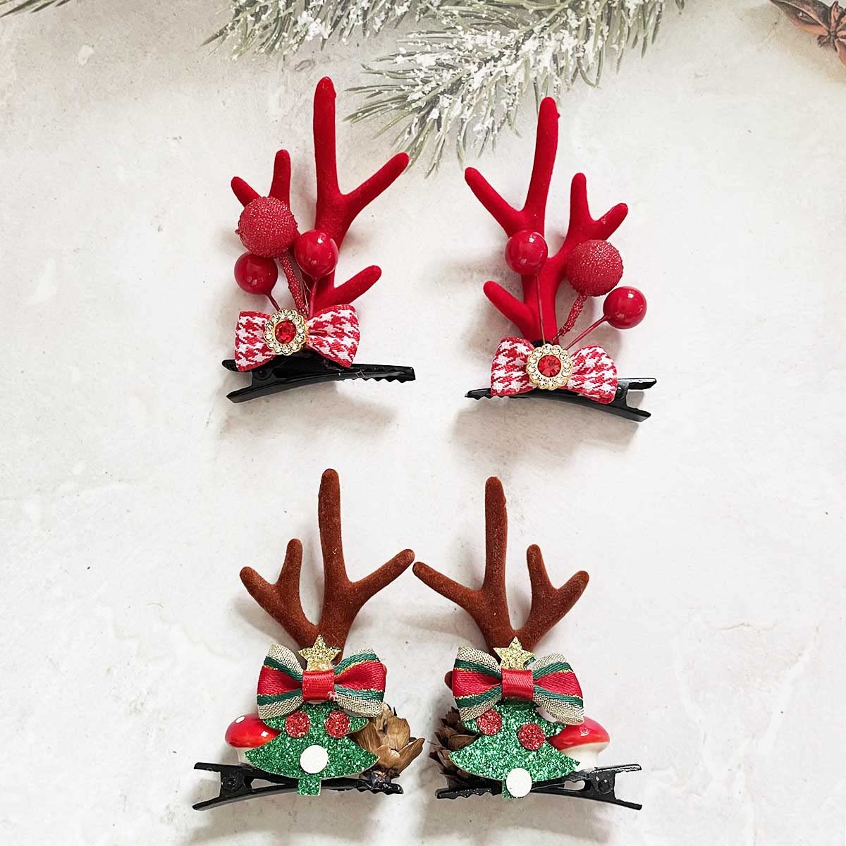 Carufin Horquillas navideñas simulan horquillas de cornamenta, lazos, árboles de navidad, adornos de cabeza de copo de nieve de cristal, fiesta decorada con chicas (2 pares) (A)