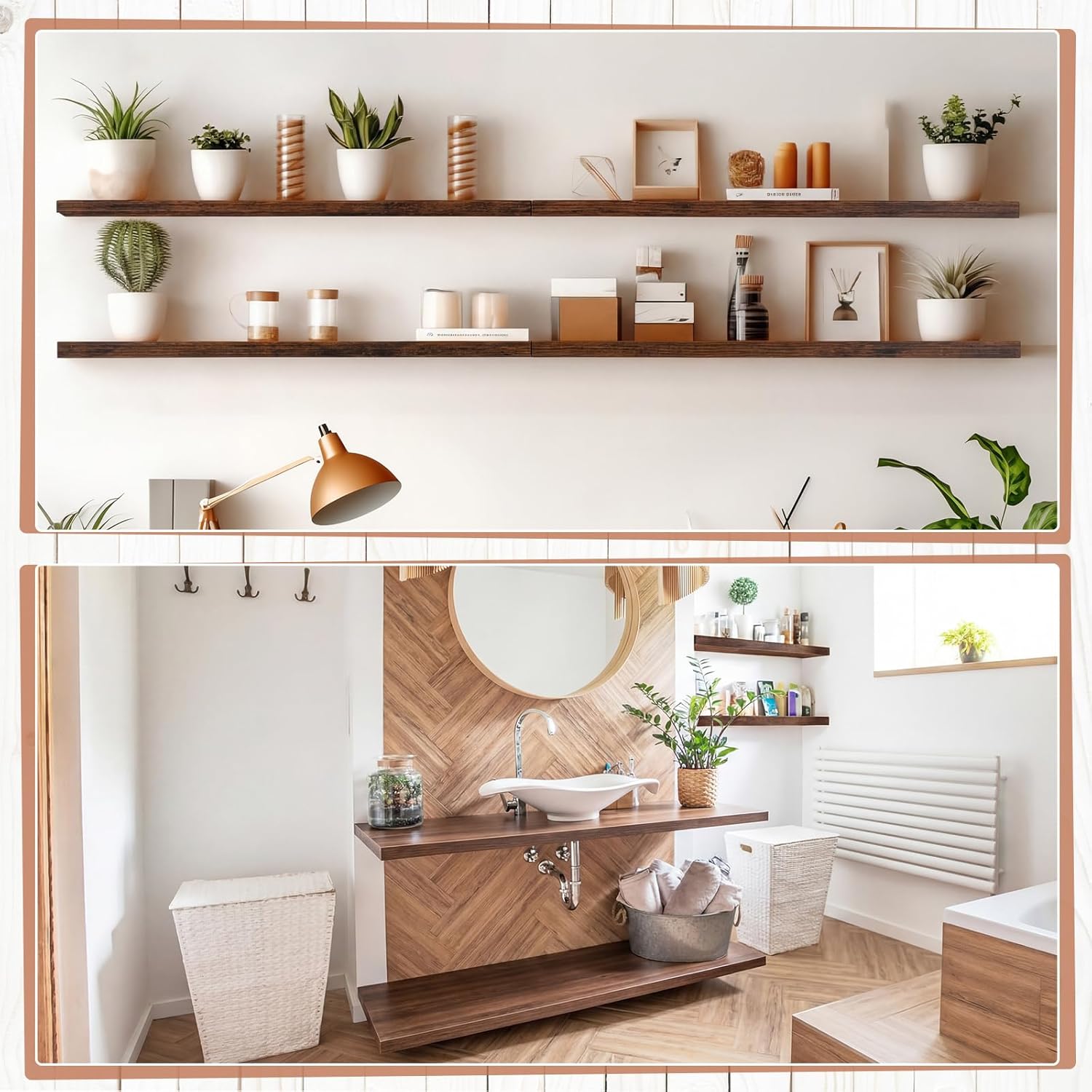 Sliner 8 Pcs 16'' Floating Shelves for Wall with Invisible Brackets, Rustic Wood Deep Wall Mounted Shelves for Home Decor, Storage & Display, Bookshelf for Bedroom, Bathroom, Living Room, Kitchen