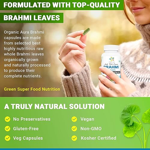 Miniatura 5 de Organic Aura Cápsulas Brahmi -120 unidades. Fortalece y aumenta naturalmente la inmunidad y la memoria. Superalimento verde entero. Sin OMG, sin
