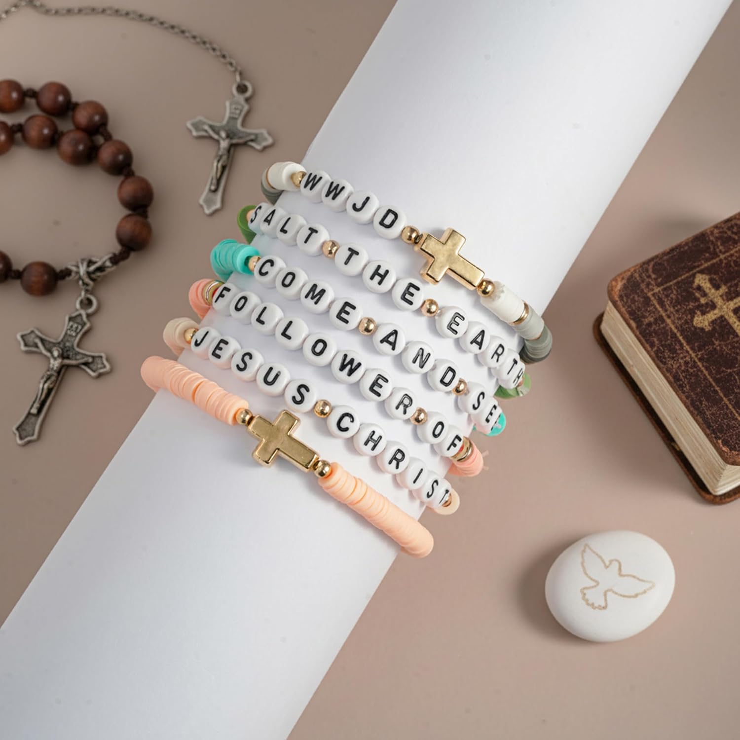 Jesus Faith Beaded Bracelet, Christians Clay Bracelets, Stretch Bracelets Elastic Layering Friendship Set Jewelry, Gift for Family, Friends, God Healing Charms for Christmas Birthday Holiday - Image 2