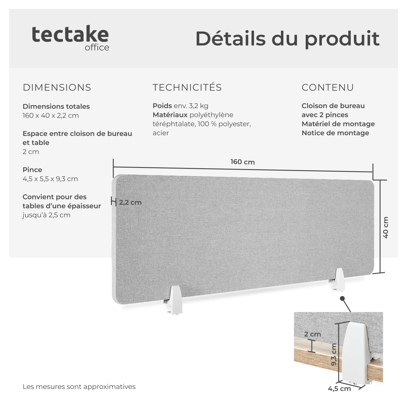 tectake® Cloison Amovible sans percage pour Bureau Anti-Bruit et Protection visuelle, Paravent Interieur, idéal Open Space et télétravail pour insonorisation, Montage Facile, Accessoires Bureau
