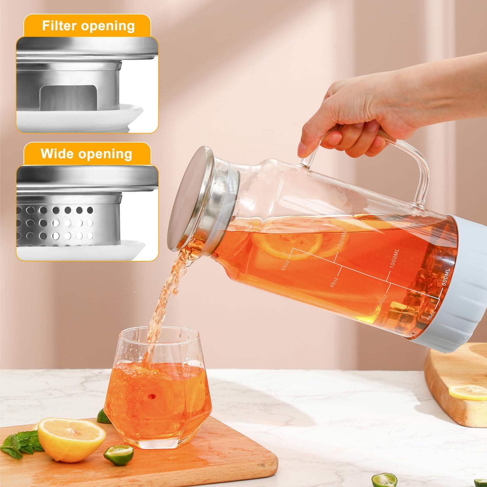 Honeydak Glaskrug mit Deckel, 2 Liter Wasserkrug mit Silikonboden, Ausguss und Griff, große Eisteekaraffe für Kühlschrank, rutschfester Glaswasserkrug für Getränke, Tee, Kaffee, Milch, Getränke, 2