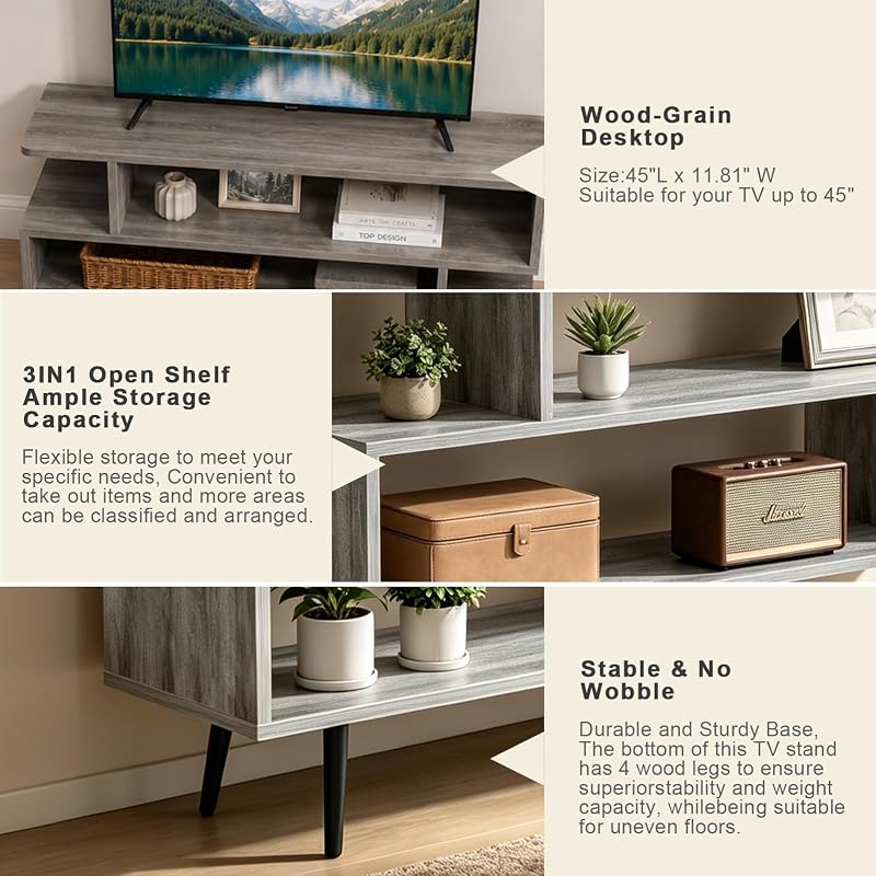 Lightdot TV Stand for TVs up to 45'', Mid Century Modern Entertainment Center with 3-Tier Open Storage Shelves, Media TV Console Table for Living Room/Bedroom/Sofa Cabinet,Easy Assembly,Light Gray image 5