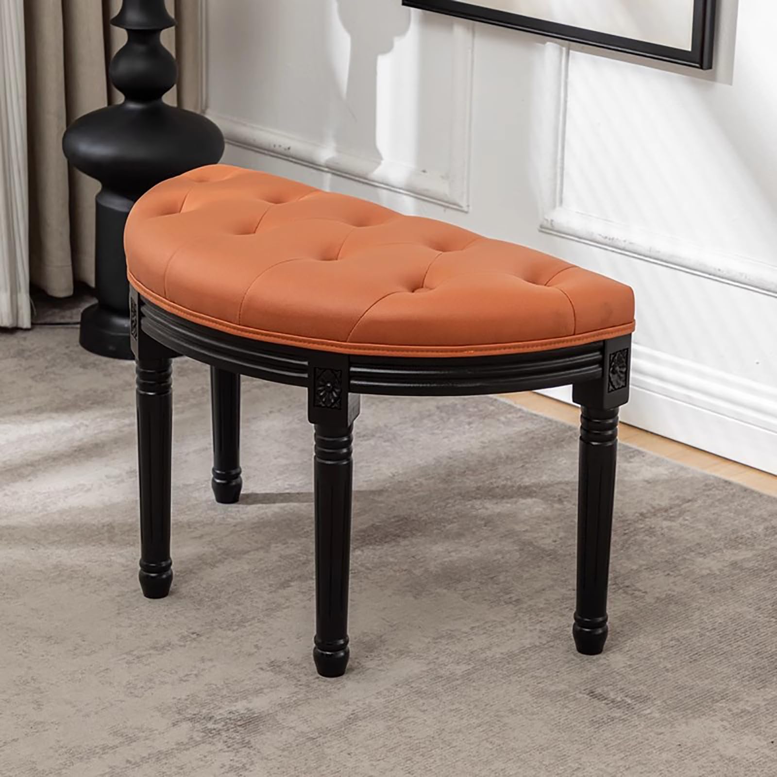 Banc d'entrée demi-lune en bois massif avec coussin cuir de 70 cm
